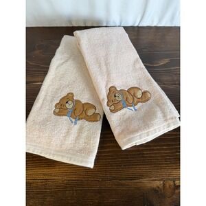 VTG 90s R.A. Briggs Embroidered Teddy Bear Tan‎ Cotton HandTowels - Set of 2